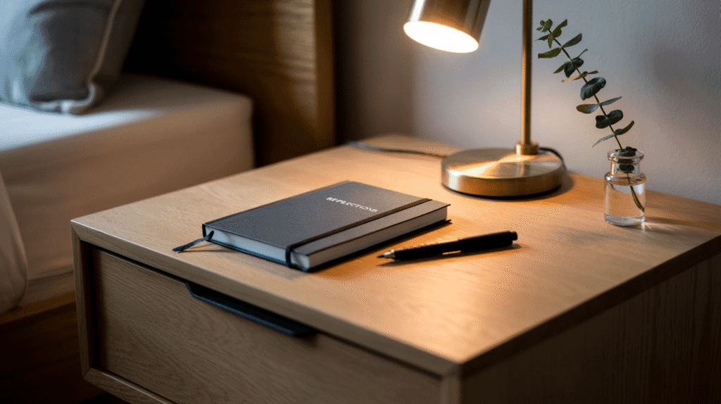 Nightstand with journal and pen ready for use.
