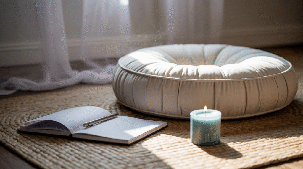 Simple meditation space with cushion, journal, and light.