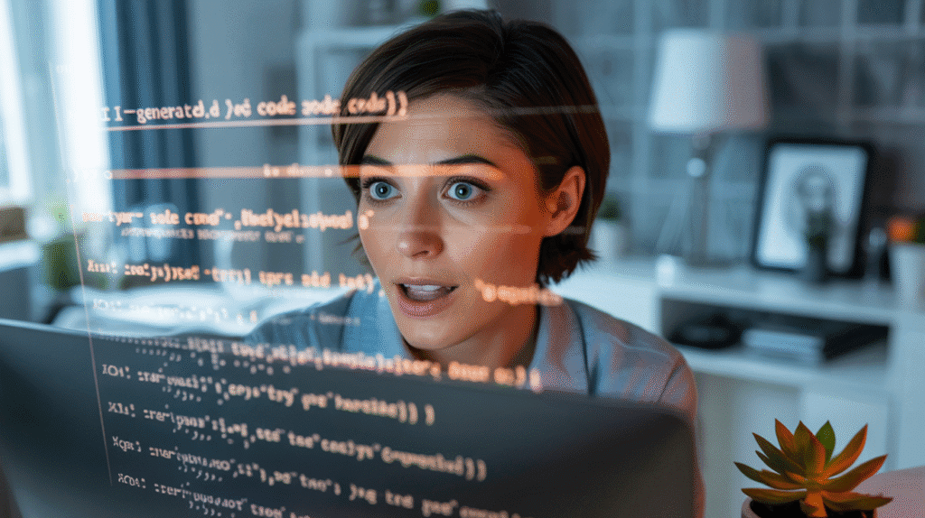 Surprised woman looking at computer screen with lines of code reflected, symbolizing unexpected AI-generated content or programming discovery