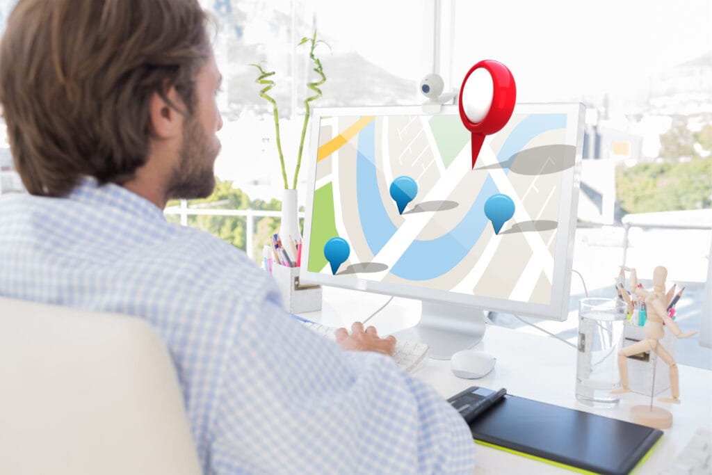 local seo illustration with storefront, google map pack, location pin, reviews and citations checklist