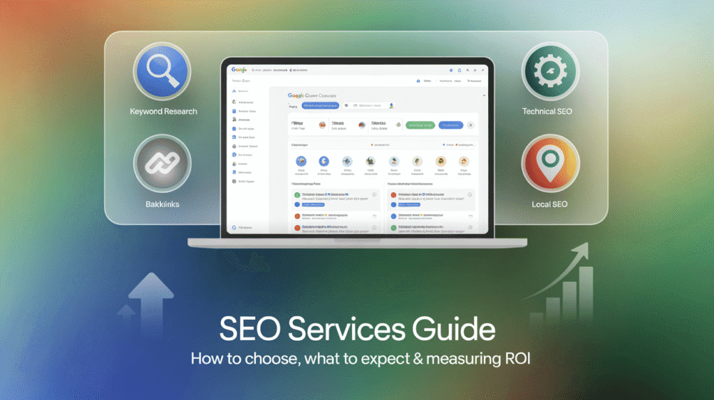 Illustration of a laptop displaying Google Search Console with SEO icons and upward graphs, representing a complete SEO services guide