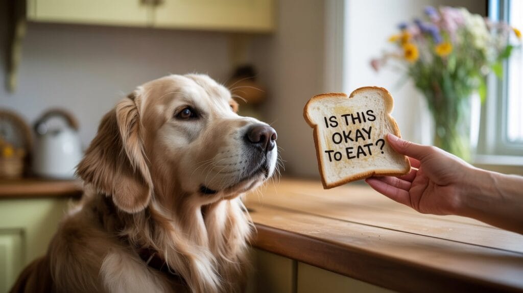 A curious Labrador dog looking at a slice of buttered toast being offered by its owner in a bright kitchen