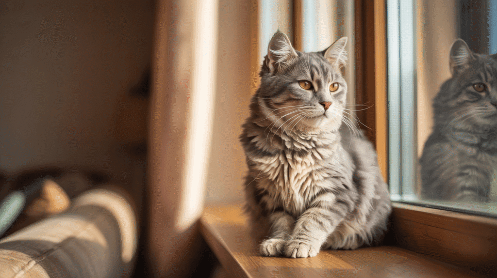 A gray domestic cat on a windowsill, softly purring with sunlight highlighting its fur. Suggested filename