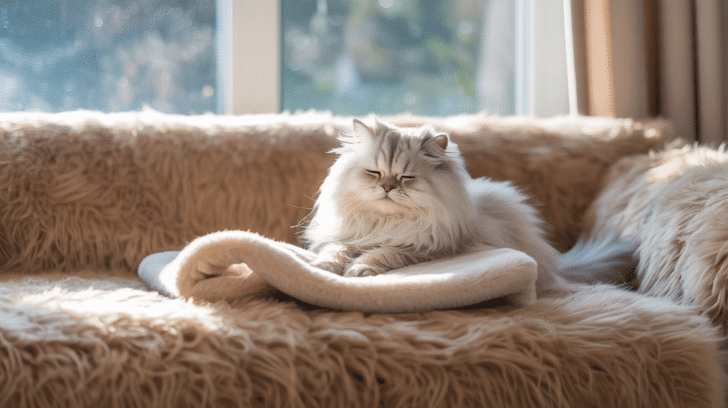 A domestic cat curled on a couch, gently kneading a soft blanket with its paws, calm and peaceful