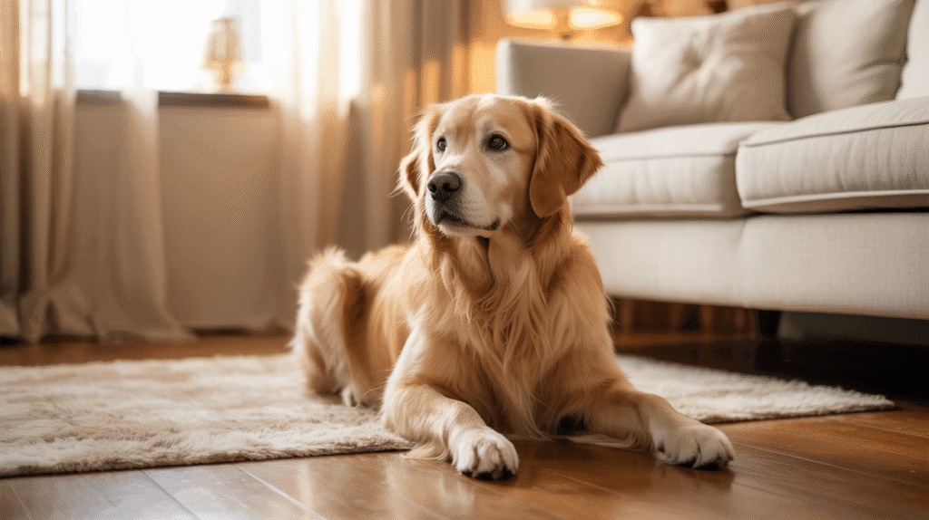 A golden retriever sitting calmly on the floor, looking softly at its owner with relaxed eyes