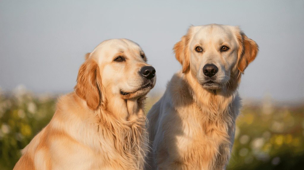 Two dogs side by side, one showing a soft, relaxed gaze and the other a hard, intense stare.
