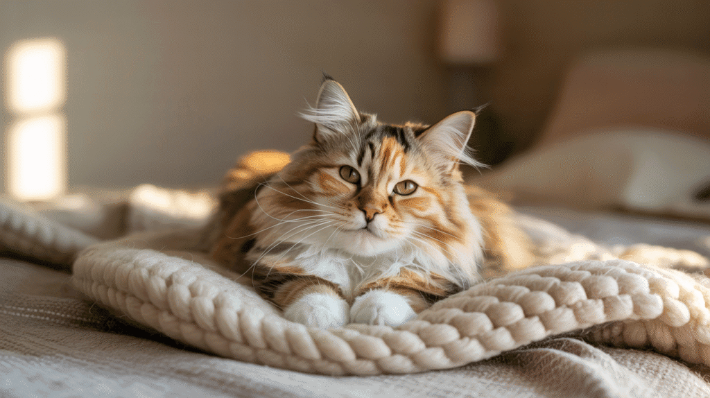 A cat kneading a wool blanket on a bed, eyes half‑closed, looking relaxed and affectionate.