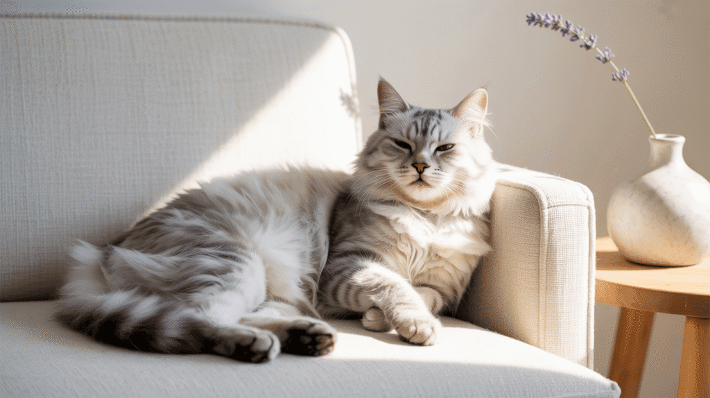 A relaxed domestic cat curled on a couch, eyes half‑closed, gently purring with a calm body posture